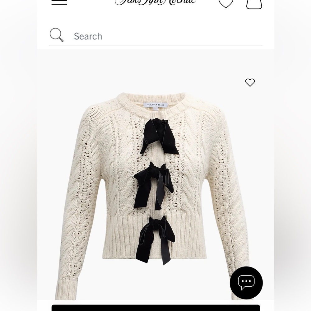 Veronica Beard Cream Cable Knit Cardigan with Black Velvet Bows